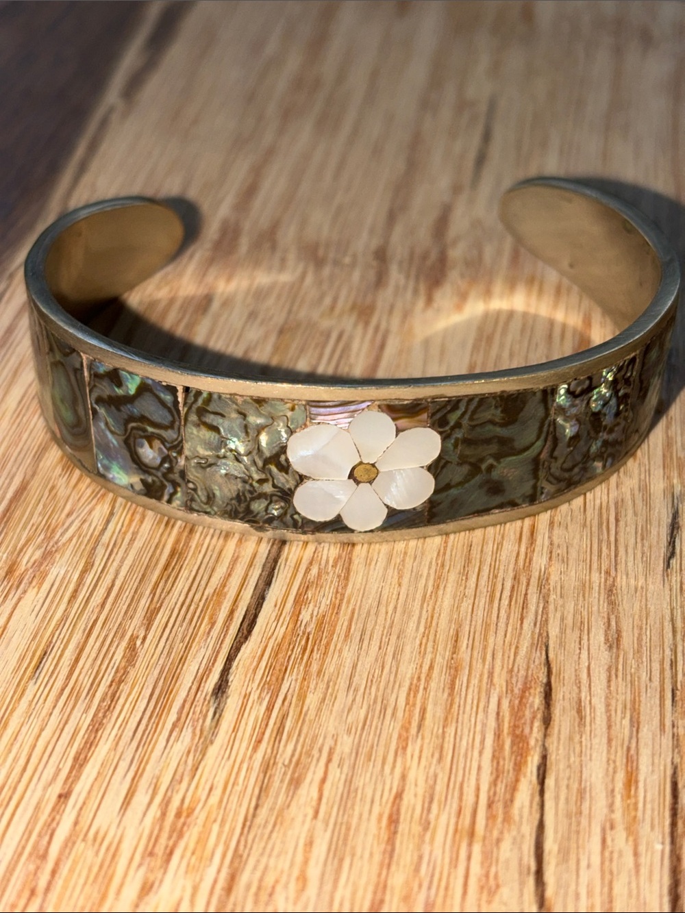 Abalone Inlay Cuff Bracelet with Mother-of-Pearl Flower